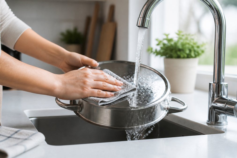 Hands carefully hand-washing a stainless steel pot under warm running water with a soft cloth and gentle circular motions, showing proper cleaning technique in a bright, modern kitchen sink with natural window light