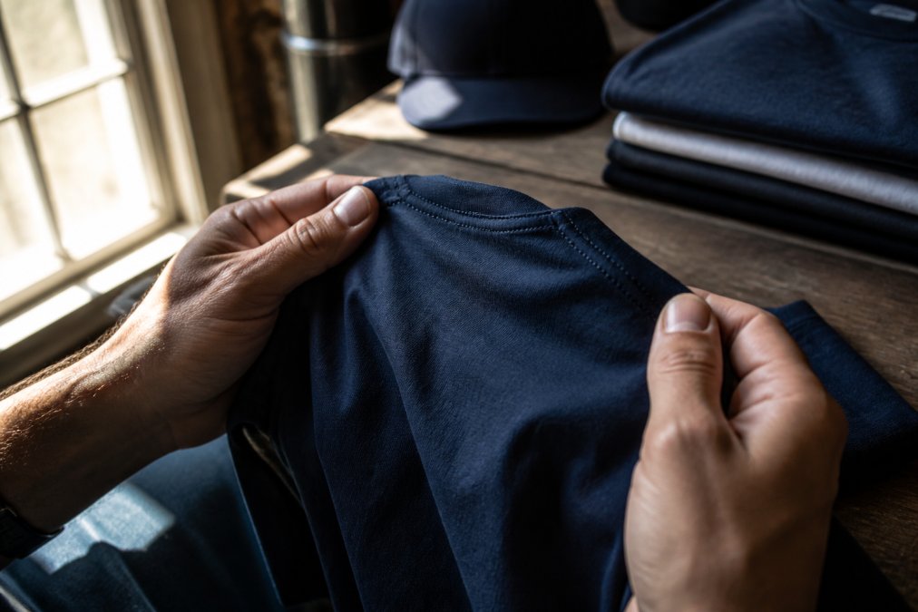 Close-up of a person's hands holding a garment-dyed cotton t-shirt, carefully examining the stitching and fabric texture under warm natural light near a window