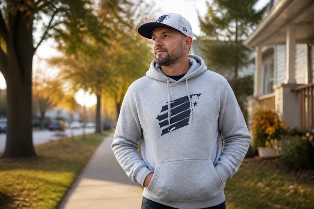 Person wearing a heather gray fleece hoodie with bold Northwest Indiana regional branding, standing outdoors in a casual neighborhood setting, looking relaxed and confident in afternoon light