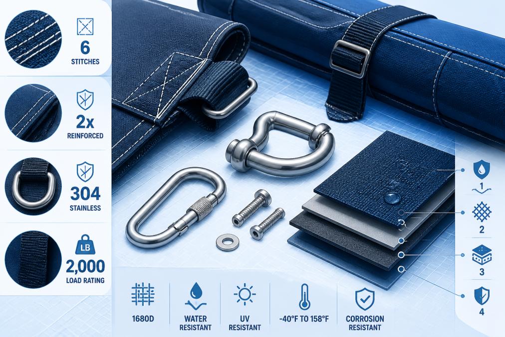 Close-up of premium overlanding gear components laid out on a workbench, showing high-quality stitching details, reinforced seams, stainless steel hardware, and layered materials under bright natural light