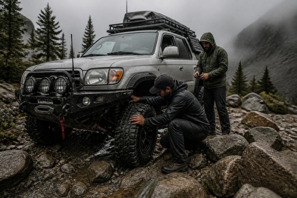 Rugged overlanding equipment being stress-tested in harsh backcountry conditions, with technicians examining durability on remote rocky trails under challenging weather