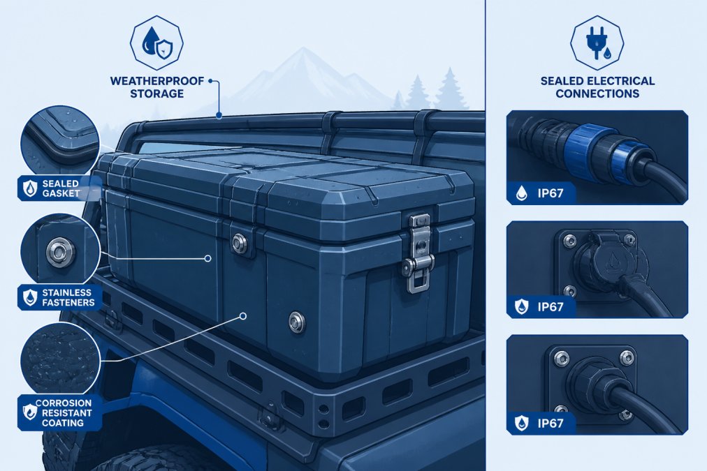 Close-up of weatherproof cargo storage containers and sealed electrical connections on an off-road vehicle, showing premium construction details including stainless fasteners, sealed gaskets, and corrosion-resistant coatings in natural daylight