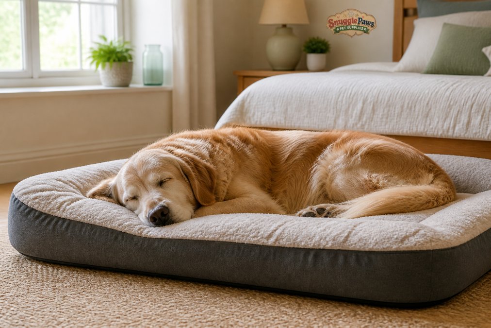 Senior golden retriever sleeping peacefully on a premium orthopedic bed in a sunlit bedroom, with visible relaxation in facial expression and body posture