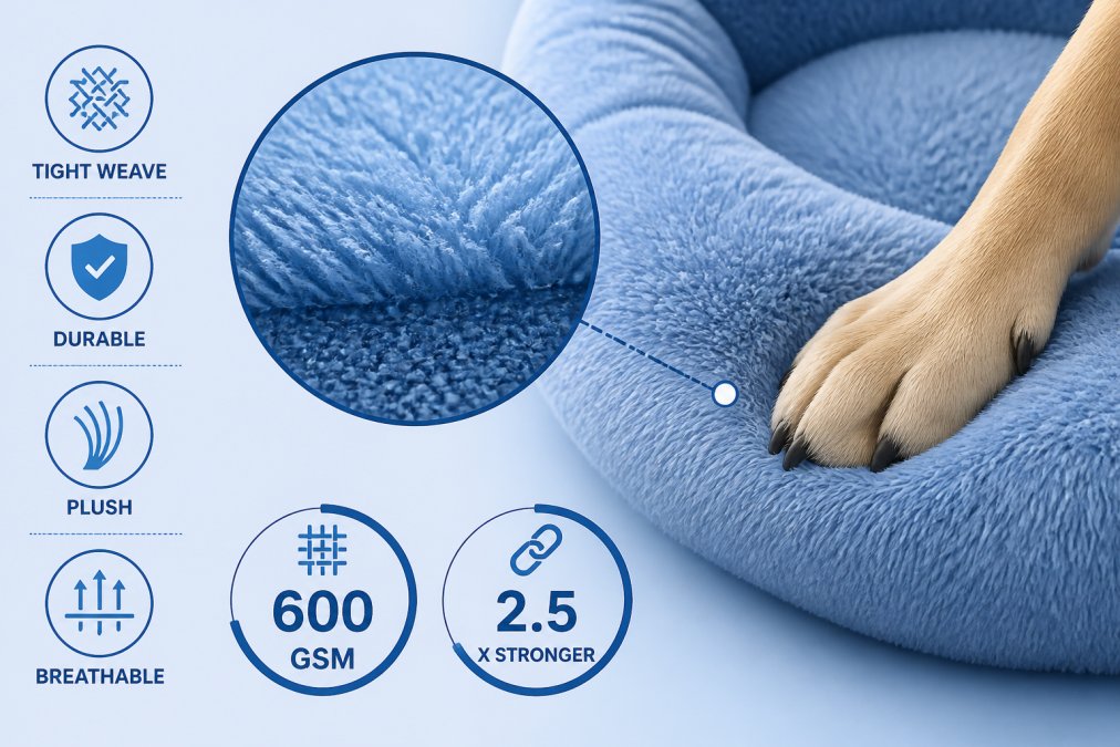 Close-up of premium plush fabric texture with tight weave, showing durability and quality, with a dog's paw gently pressing into the material under natural lighting