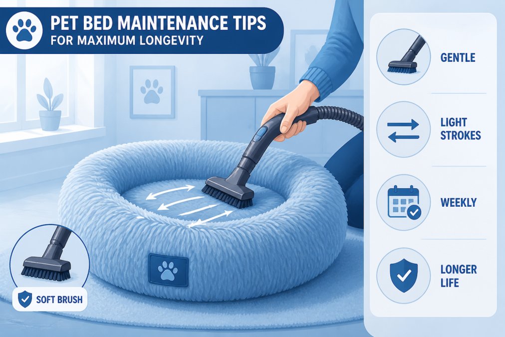 Pet owner gently vacuuming a plush pet bed with a soft brush attachment, showing proper cleaning technique in a bright home setting with natural light