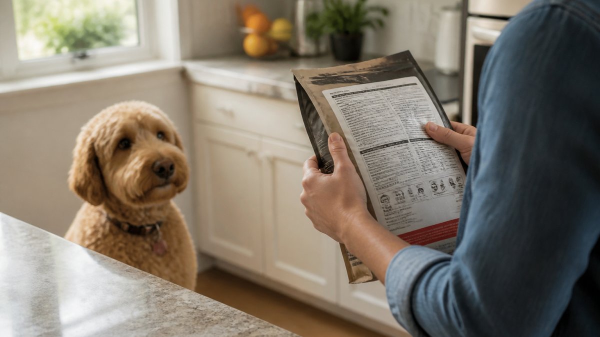 Close-up of a person's hands holding a dog food bag in a bright kitchen, turning it to read the ingredient panel, with a dog waiting nearby