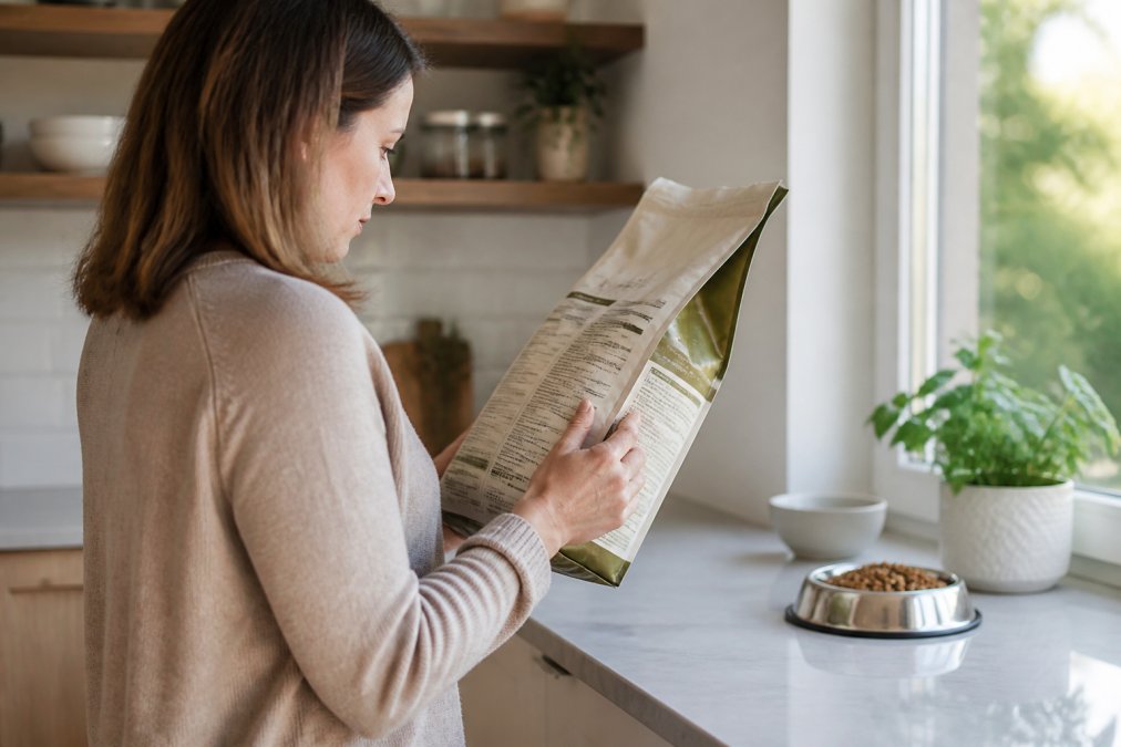 Pet owner examining a premium pet food bag in their kitchen, reading the ingredient label closely with natural lighting from a nearby window