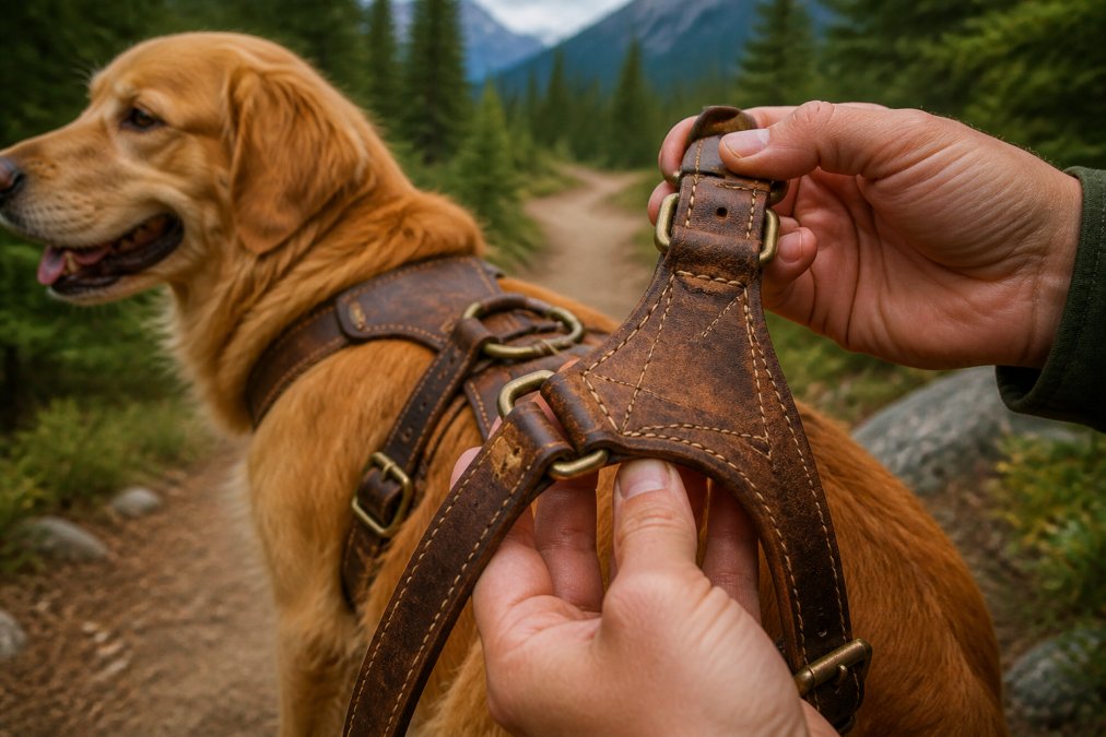 Close-up of hands examining a well-worn full-grain leather dog harness, highlighting reinforced stitching and heavy-duty metal buckles, with a lush outdoor trail in the background