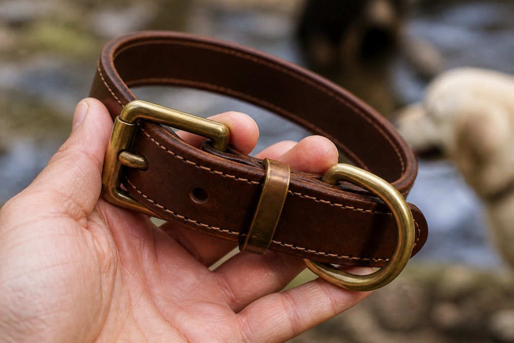 Close-up of premium vegetable-tanned leather dog collar showing fine reinforced stitching, solid brass hardware, and rich patina developing on the surface; hand holding the collar to demonstrate quality craftsmanship and weight