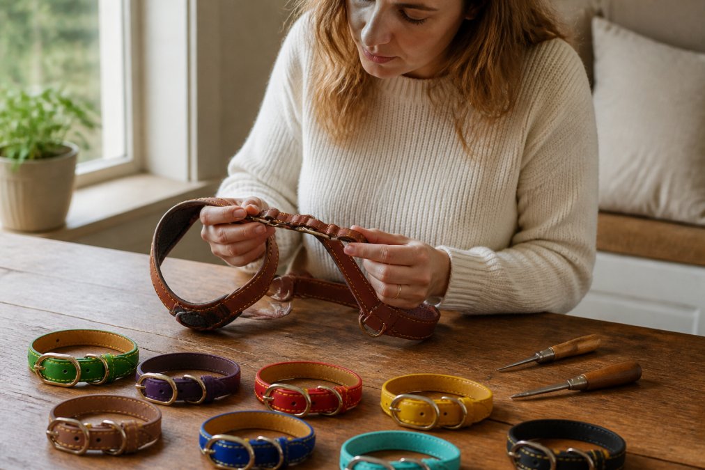 Pet owner carefully examining a dog harness and collar in natural daylight, inspecting material quality, stitching details, and hardware construction before purchase