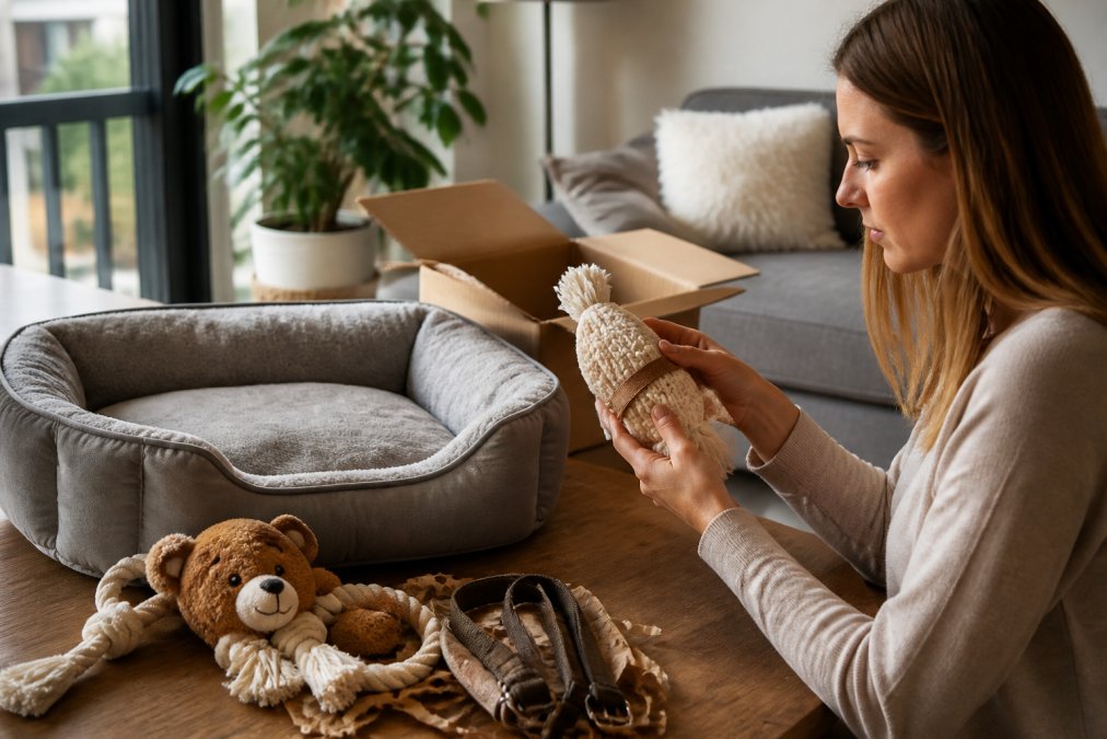 Pet owner examining a premium dog toy and pet bed packaging in natural light, closely inspecting stitching, materials, and product labels for quality indicators
