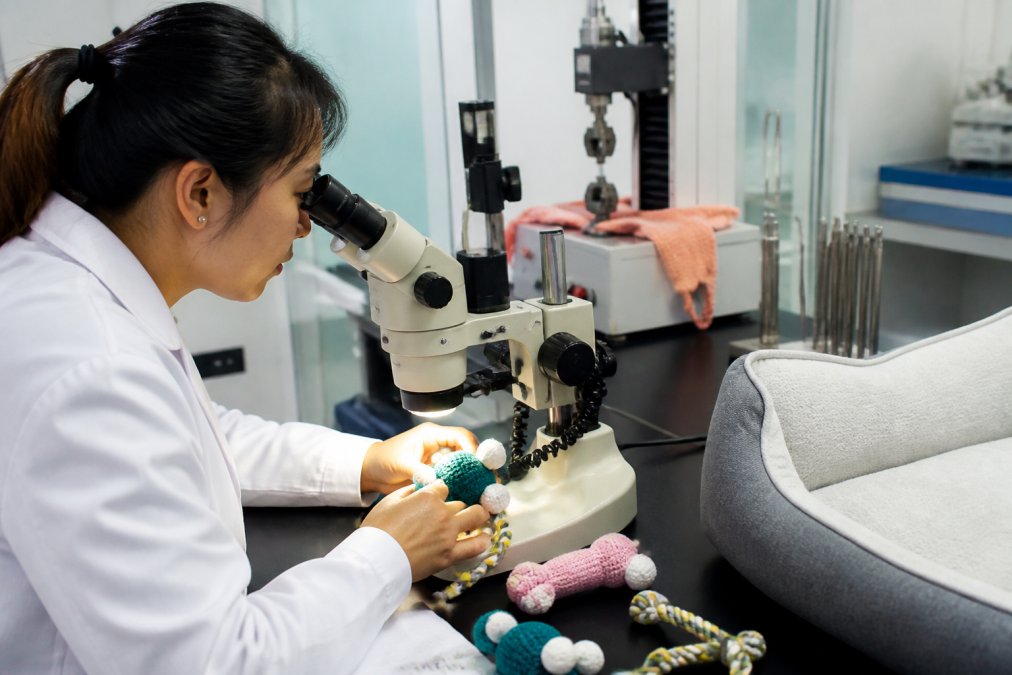 Laboratory technician inspecting a pet toy under magnification equipment, testing for material safety and durability in a quality control facility