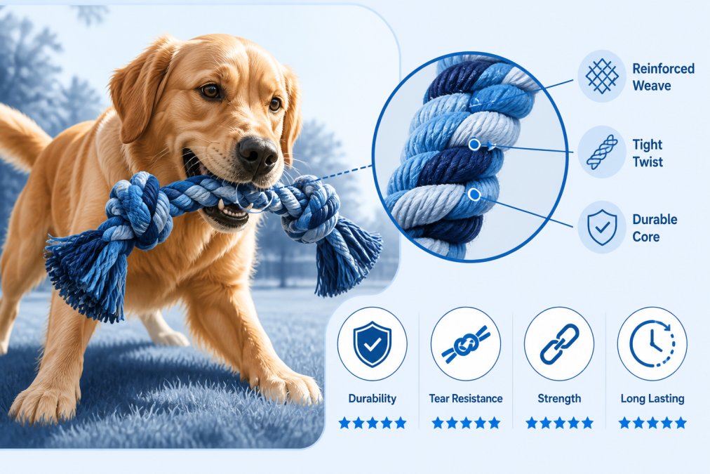 Close-up of a golden retriever playing with a durable rope toy outdoors in natural sunlight, showing the toy's reinforced texture and construction quality as it withstands active play