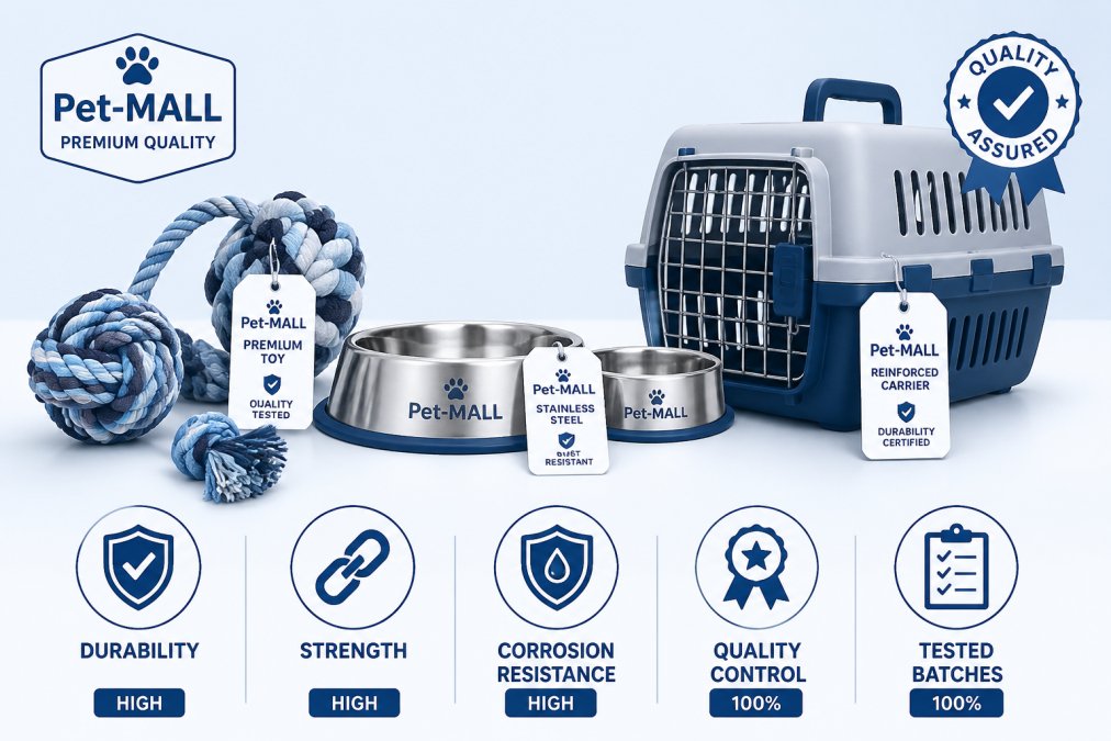 Premium pet products arranged on a clean white surface showing variety of items including durable rope toys, stainless steel feeders, and reinforced carriers with clear brand labeling and quality certifications visible