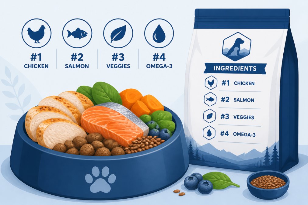 Close-up of premium pet food kibble with visible whole ingredients like chicken pieces and vegetables in a stainless steel bowl, with ingredient label visible in background
