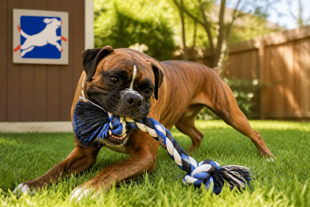 Large dog actively chewing on a sturdy rope toy outdoors in natural sunlight, showing engagement with a durable toy designed for aggressive chewing