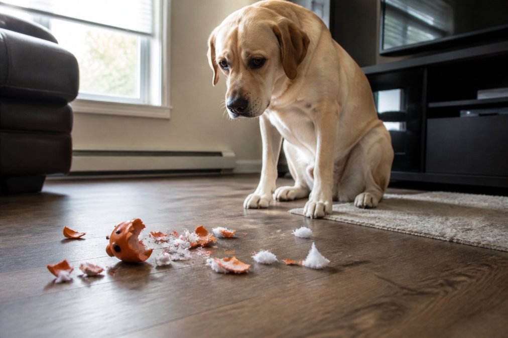 A sad dog sitting next to the shredded remains of a cheap plastic toy on a living room floor, soft daylight from a window