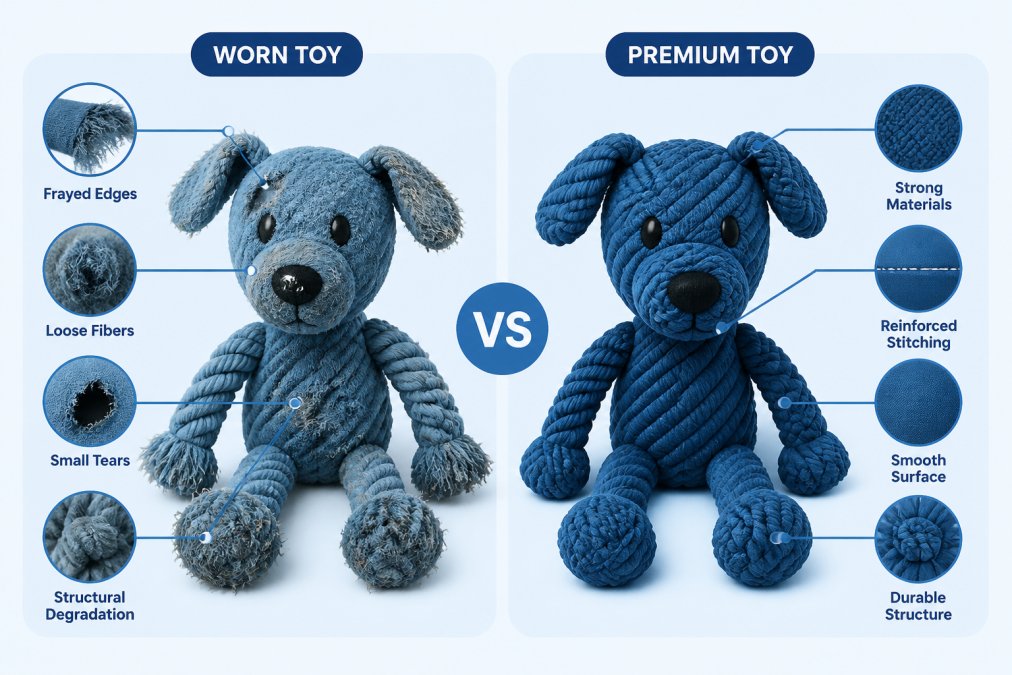 Close-up of a worn pet toy showing visible damage including frayed edges, loose synthetic fibers, small tears, and structural degradation next to a pristine premium toy with intact stitching and smooth surface