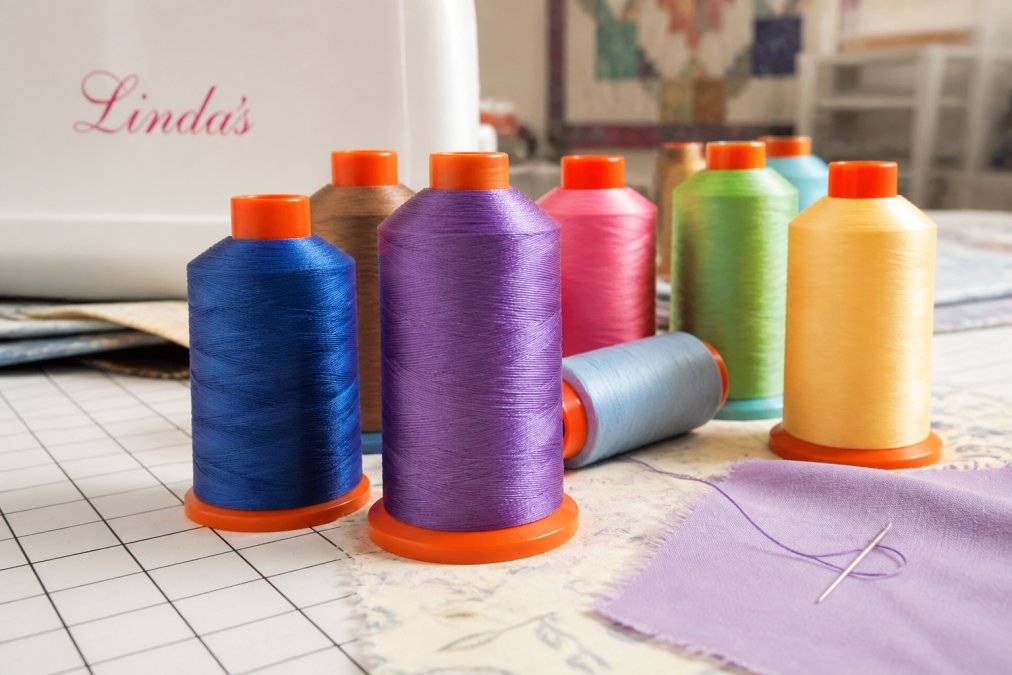 Close-up of premium Aurifil thread spools in multiple colors arranged on a quilting workspace with a needle and fabric, showing the smooth, lustrous finish of high-quality thread