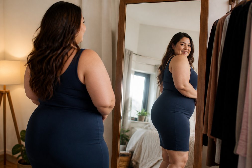 Confident plus-size woman smiling at her smooth silhouette in a mirror while wearing premium shapewear under a dress
