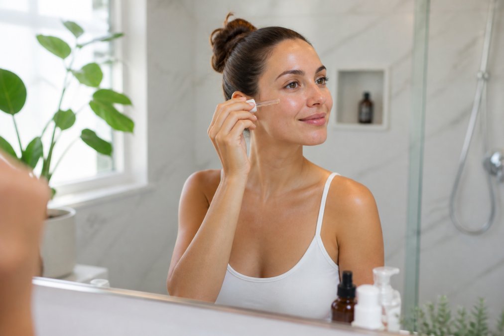 Woman in her 30s applying a premium skincare serum in a bright, modern bathroom with natural light.