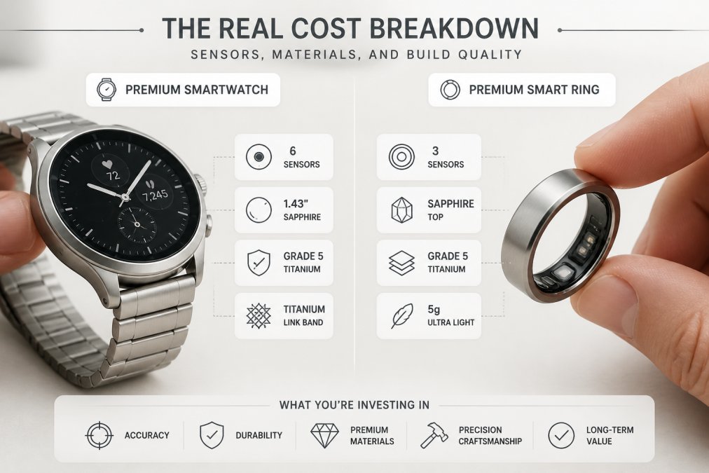 Close-up of premium smartwatch and smart ring displayed side-by-side on a desk, showing detailed metal casings, sapphire crystal display, and intricate band construction with hands examining the craftsmanship