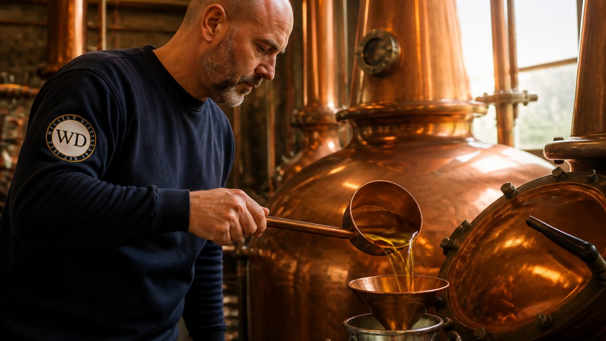 Professional distiller pouring amber-coloured spirit through copper stills with warm lighting highlighting the liquid and traditional craftsmanship in a Yorkshire distillery