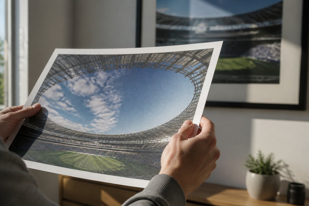 A close-up photograph of a person's hands gently holding a high-quality art print, showing the texture of the paper and vibrant colors, in a well-lit room with a framed stadium picture in the background