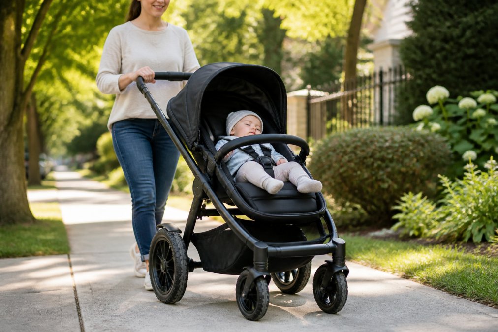A parent pushing a premium stroller with large all-terrain wheels along a paved suburban sidewalk, one hand on the ergonomic handle, baby reclined comfortably, soft daylight, shallow depth of field showing the suspension fork and wheel detail