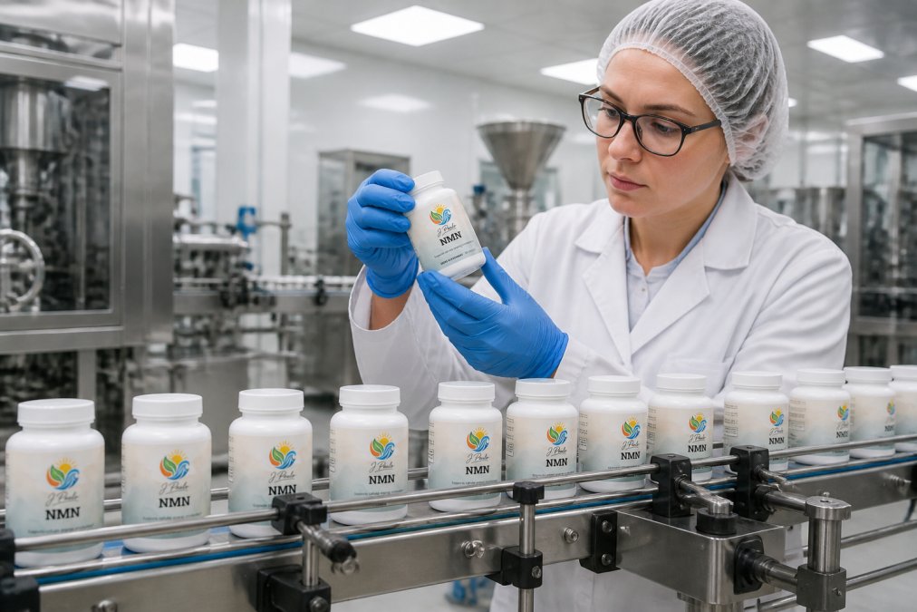 Quality control technician in white lab coat inspecting supplement bottles on a modern production line in a bright, climate-controlled manufacturing facility