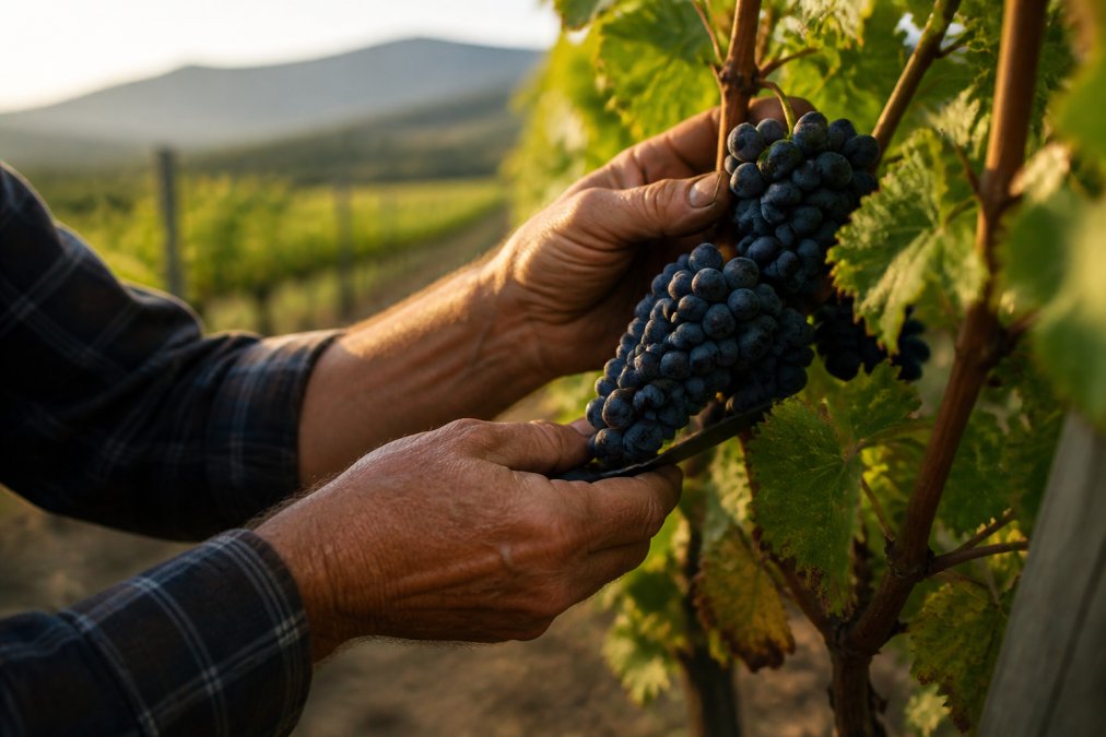 Close-up of weathered hands carefully selecting and hand-picking ripe grape bunches from the vine during harvest, with vineyard rows visible in soft golden afternoon light