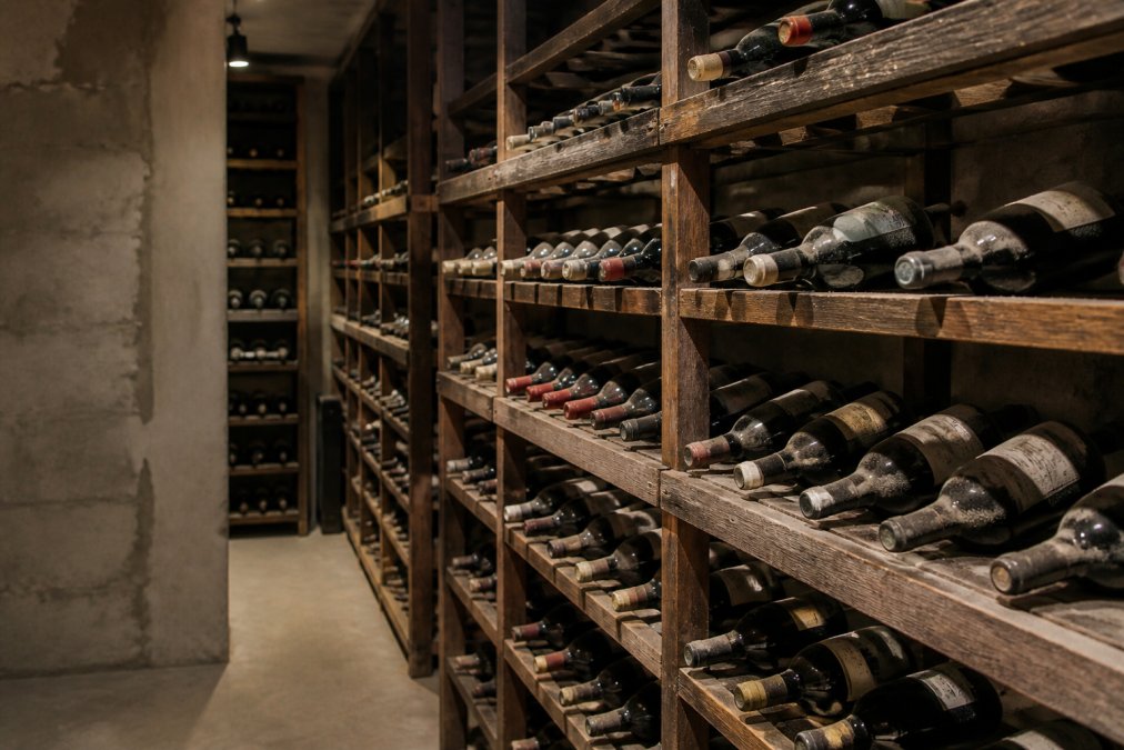 Cellar storage room with dozens of wine bottles lying horizontally on wooden racks, dust visible on older bottles, cool dim lighting revealing temperature-controlled environment, concrete walls