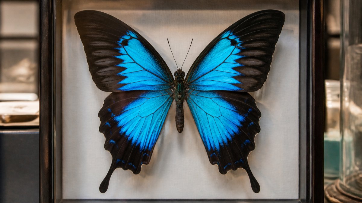 Close-up of a preserved butterfly specimen mounted in a glass display case, wings spread symmetrically, iridescent blue and black patterns clearly visible under soft museum lighting, with fine detail of wing scales and body segments sharply defined