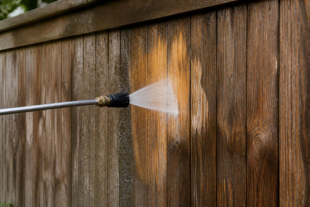 Close-up of a pressure washer nozzle spraying water against a wooden fence, with visible water spray and wet wood surface