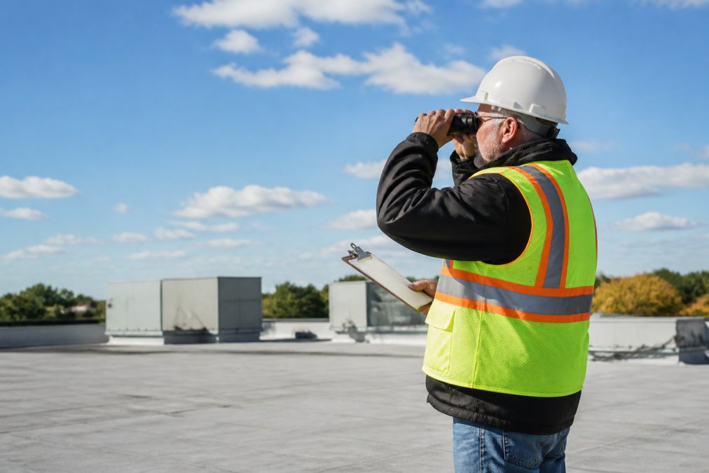 Professional roofing contractor performing detailed inspection on commercial flat roof, using binoculars to examine seams and membrane condition, with clipboard for documentation, clear sky visible in background