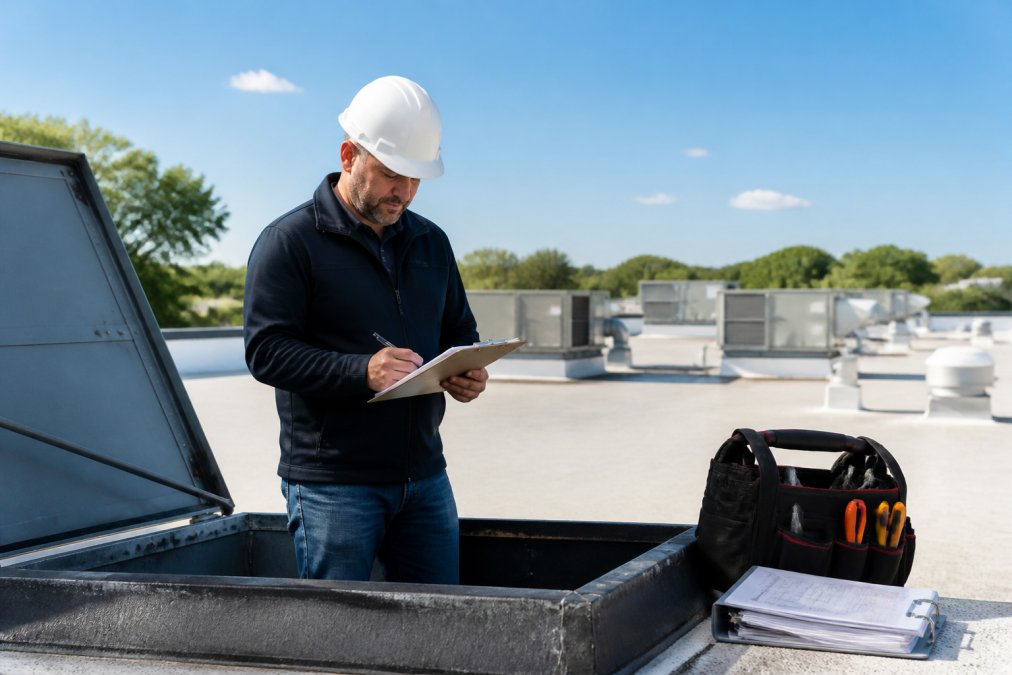 Facility manager reviewing commercial roof maintenance checklist on tablet while standing at roof access point, with maintenance tools and documentation visible, clear daylight overhead