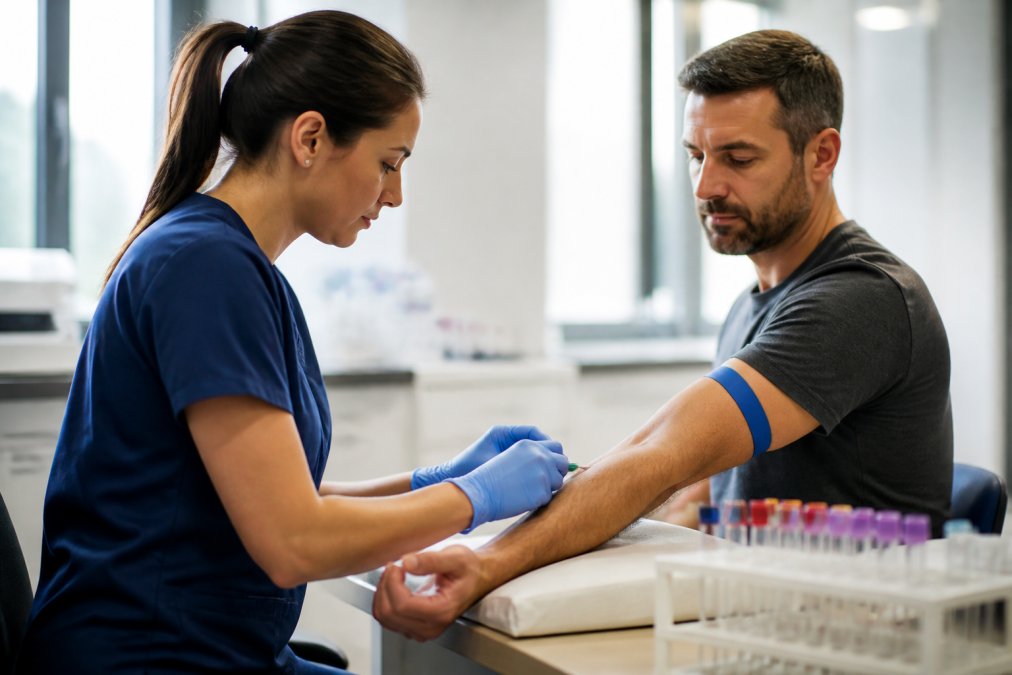 Medical professional drawing blood from patient's arm in early morning clinical laboratory setting with soft natural light coming through windows