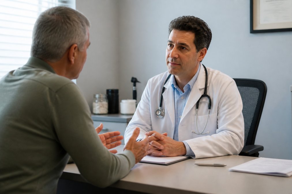 Mature male patient having focused conversation with primary care physician in modern clinical office, both engaged and attentive, sitting across from each other