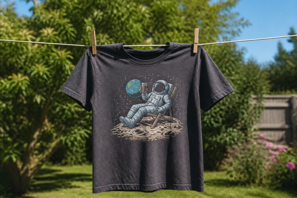 Printed t-shirt hanging on a clothesline to air dry outdoors in natural light, with the graphic facing forward, showing proper air-drying technique