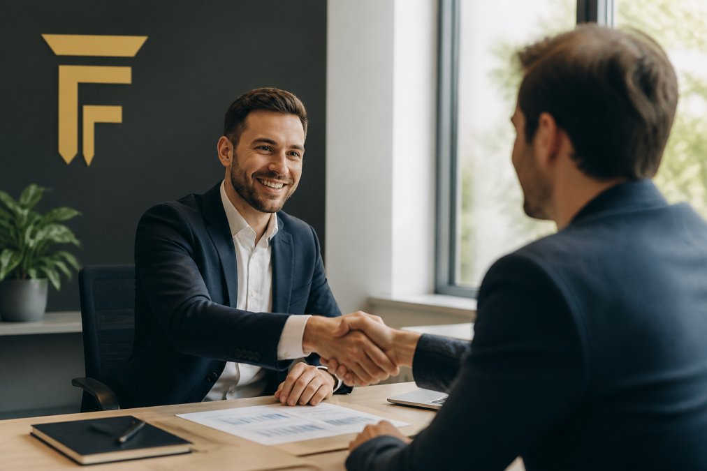 A business owner and a lender shaking hands across a desk in a modern office, with a laptop and financial documents visible, conveying a fast and direct approval meeting