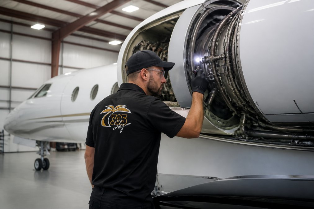 A certified aircraft technician in a branded uniform inspecting a Gulfstream jet engine inside a clean, well-lit maintenance hangar in South Florida