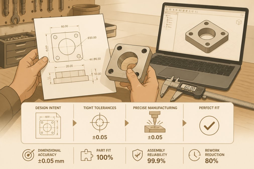 Close-up of a maker's hands at a workbench comparing a printed technical drawing against a finished machined part, digital calipers resting beside a laptop showing a 3D model on screen, warm shop lighting