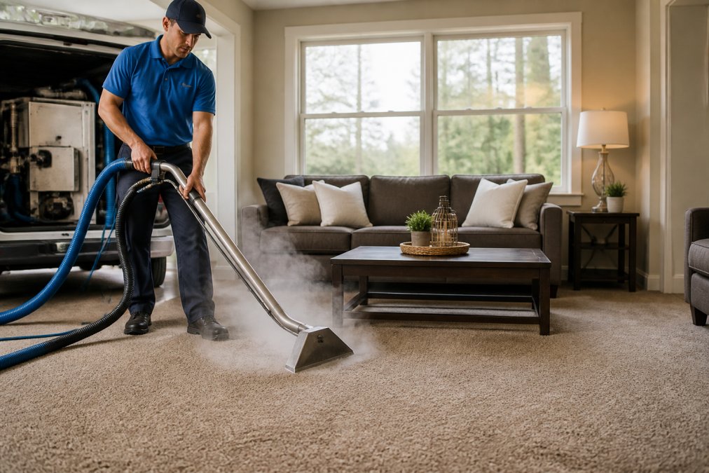 Professional technician in a clean uniform operating a truck-mounted hot water extraction machine in a residential living room, visible steam rising from the carpet, natural window light