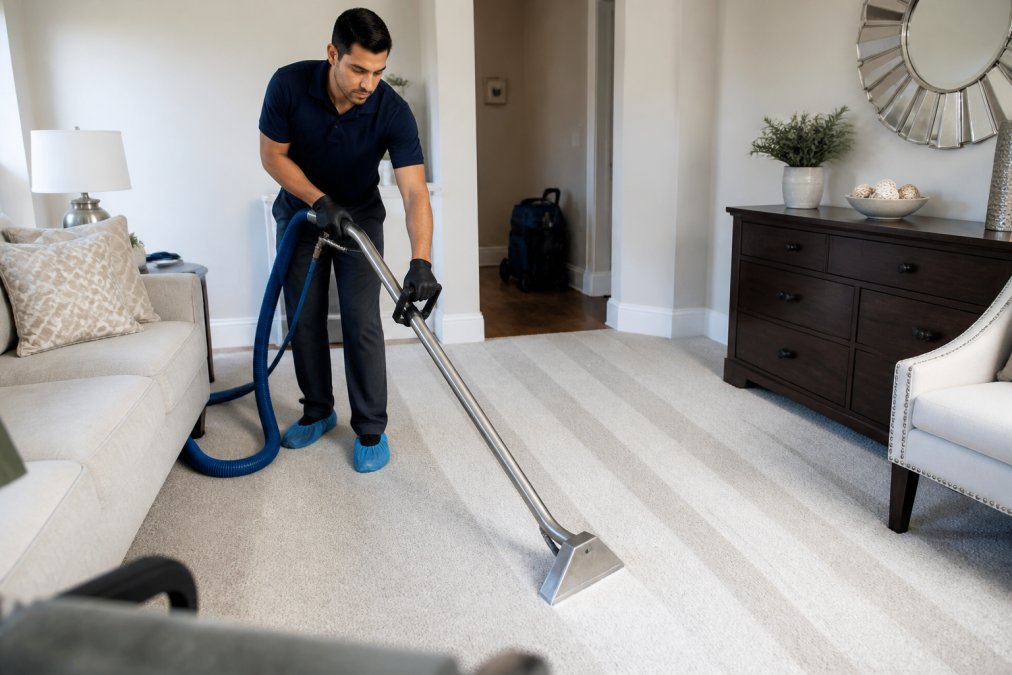 A technician uses a steam cleaning wand on a carpet to show why professional carpet cleaning is necessary for allergies.