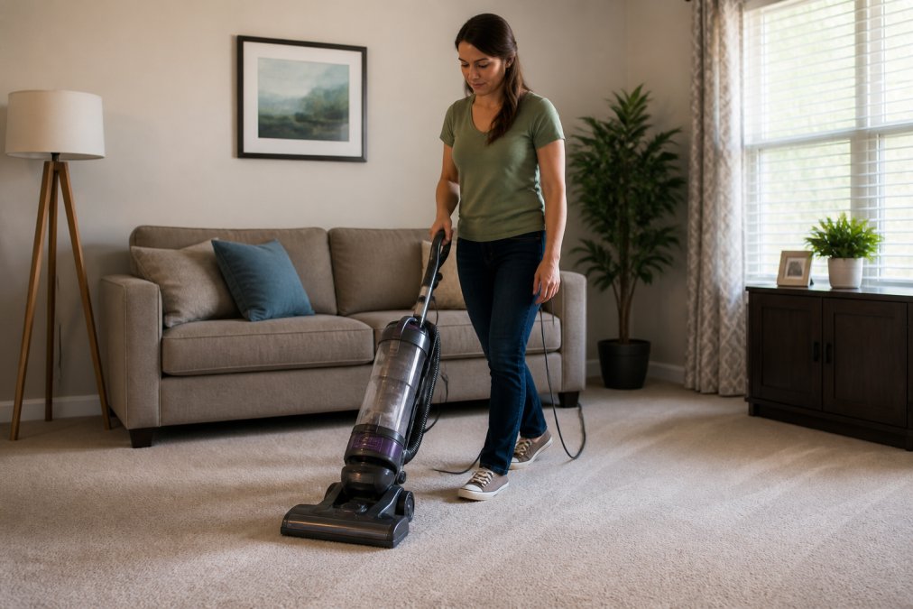 Homeowner vacuuming clean carpet with upright household vacuum in well-lit living room, demonstrating proper post-cleaning maintenance technique