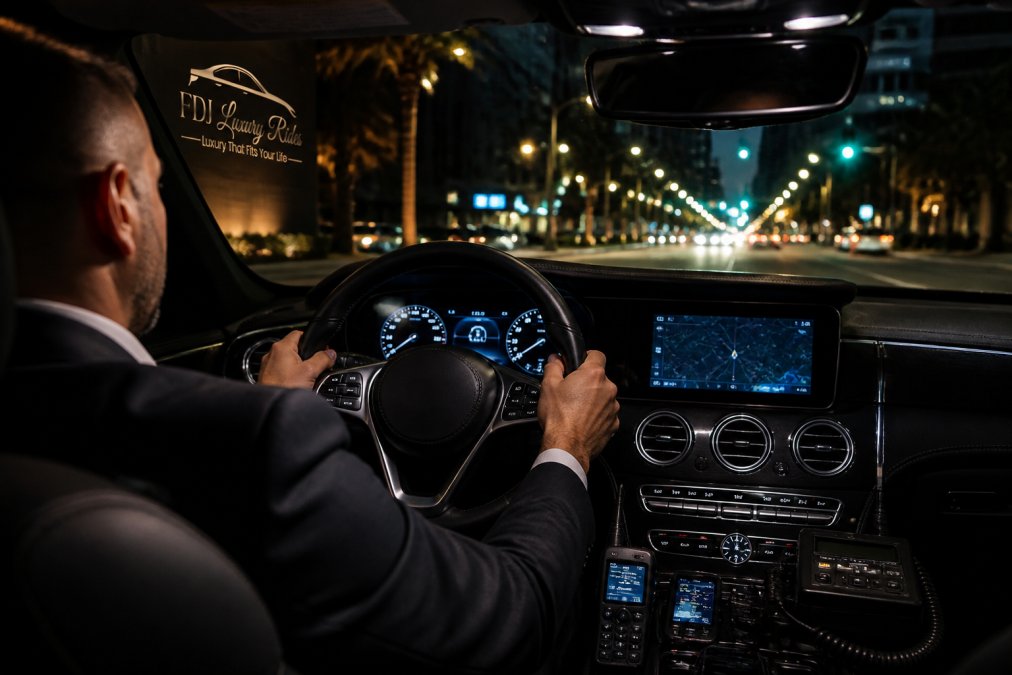 Professional driver in luxury sedan at night, hands positioned properly on steering wheel, dashboard illuminated with GPS navigation and communication systems visible, modern interior