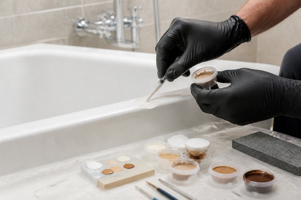 A close-up of a technician's gloved hands applying filler to a chipped white bath edge, with colour-matching materials and small tools laid out on a protective sheet in a bright domestic bathroom