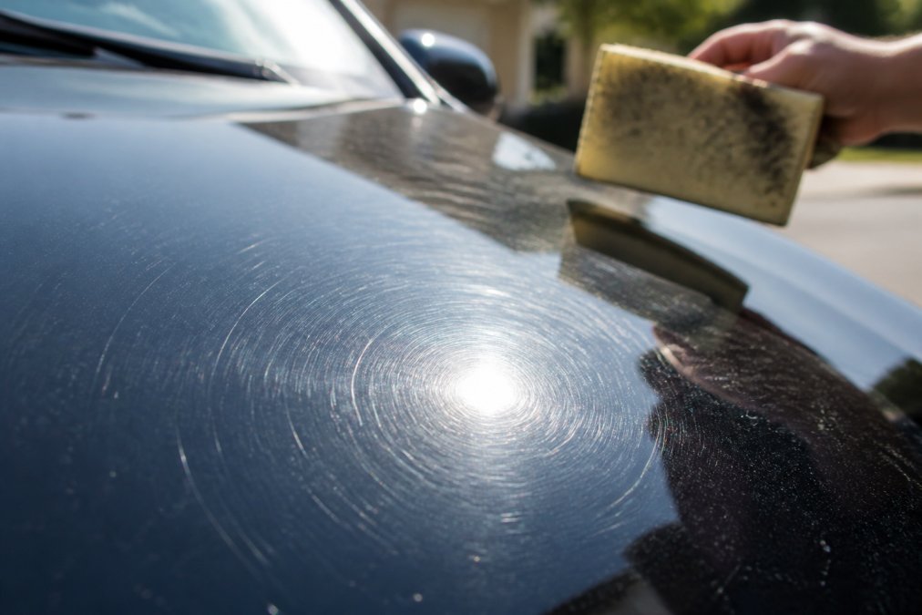 A close-up of a car's paint surface showing fine swirl marks and light scratches under direct sunlight, with a hand holding a dirty sponge in the blurred background