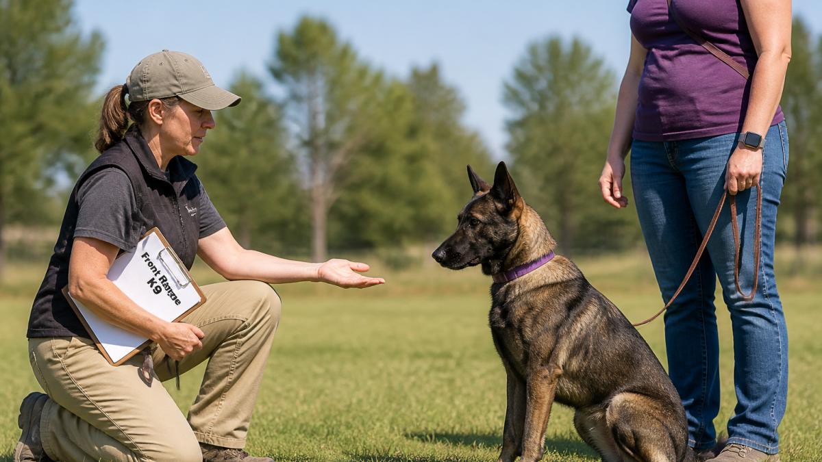 A calm, experienced dog trainer kneeling on a grassy training field, gently offering a hand toward a watchful adult dog while the owner stands nearby, with a clipboard and leash visible in soft daylight
