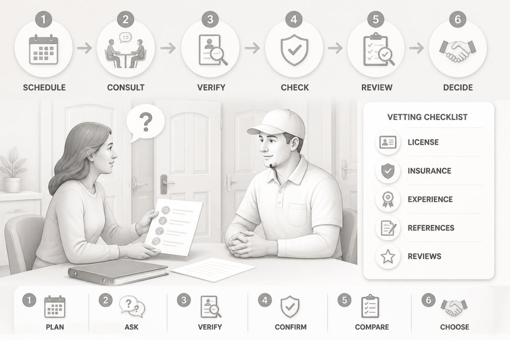 Homeowner reviewing installer credentials and asking qualification questions during a consultation, showing proper vetting process